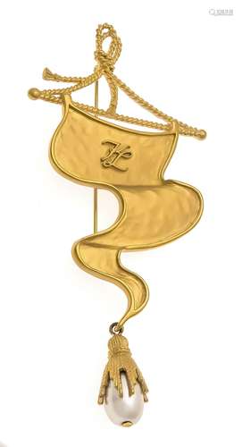 Karl Lagerfeld brooch, gilded, in the shape of a pennant with an oval shell