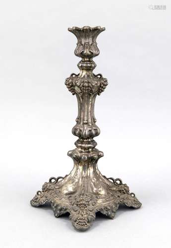 Candlestick, around 1900, plated, square base on 4 feet, baluster shaft, ca