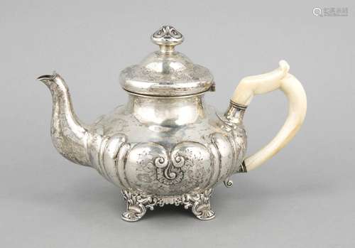 Teapot, German 1880, citymark Hamburg, marked silver, on 4 decorated feet,