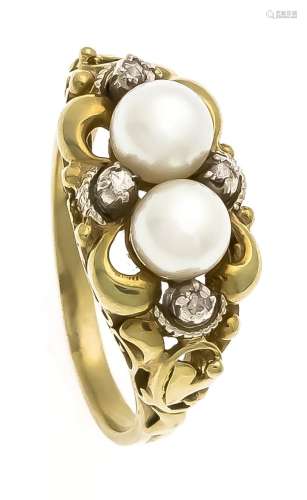Akoya Diamond Rose Ring GG 585/000 with 2 Akoya pearls 5.5 mm and 4 diamond