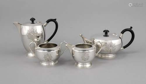 Four-piece coffee and tea set, England, 20th century, plated, round base, b