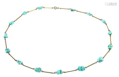 Turquoise necklace GG 585/000 with 15 turquoise nuggets 11 - 8 mm, spring r