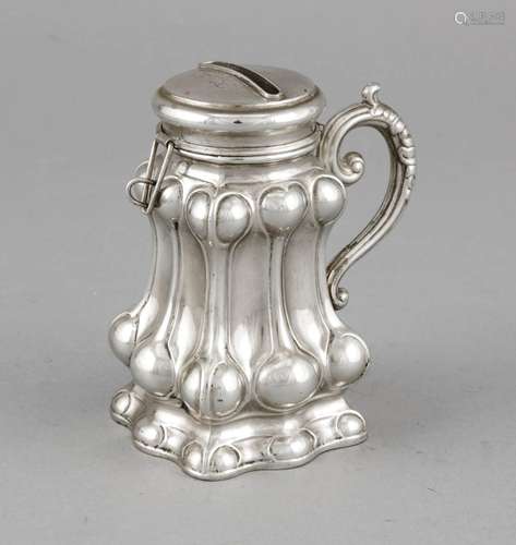 Money box, around 1900, plated, Baroque style, curved stand, hinged lid, si