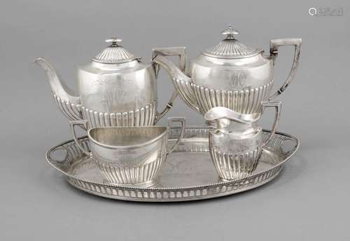 Four pieces of a coffee and tea set on a tray, German, around 1900, hallmar