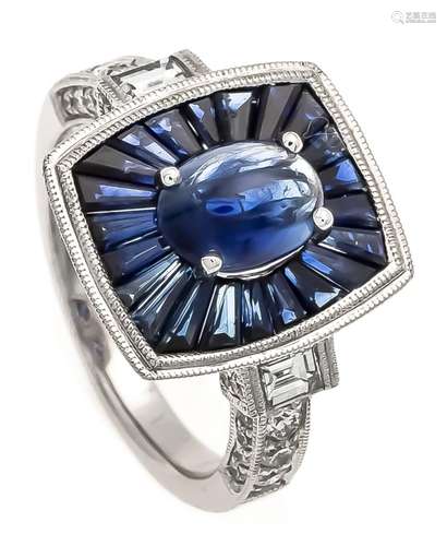 Sapphire brilliant ring WG 750/000 with an excellent sapphire cabochon 8 x