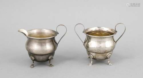 Cream and sugar vessel, 20th cent., Sterling silver 925/000, on 4 feet, bul