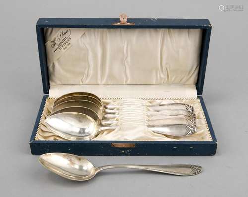 Six Art Nouveau dinner spoons, German, around 1900, hallmarked Bruckmann &