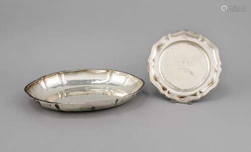 Oval bowl and round plate, German, 20th cent., hallmarked M. H. Wilkens & S