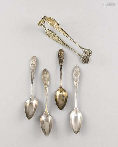 Six teaspoons and sugar tongs, 19th century, spoon silver tested, tongs pre