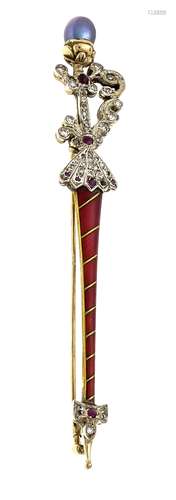 Ruby pearl old cut diamond enamel brooch ''sword'' RG 56 (585/000) hallmark