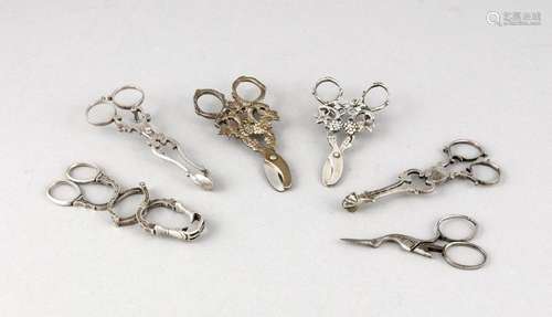 Five scissors, 20th cent., silver different fineness and tested, different