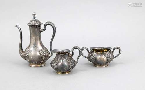 Three-piece Art Nouveau mocha set, presumably USA, around 1900, Sterling si