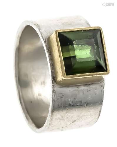 Tourmaline ring silver 925/000 partly gold plated, handmade, with a carré c