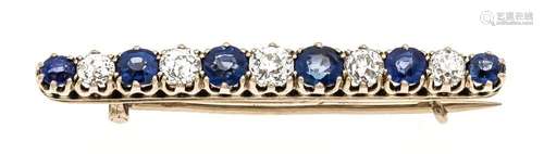 Art Deco sapphire old-cut brilliant-brooch RG 585/000 with 5 old-cut brilli