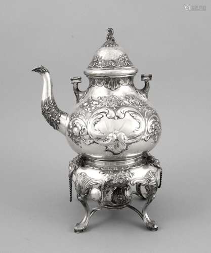 Teakettle on rechaud, German, around 1900, silver 800/000, rococo style, re