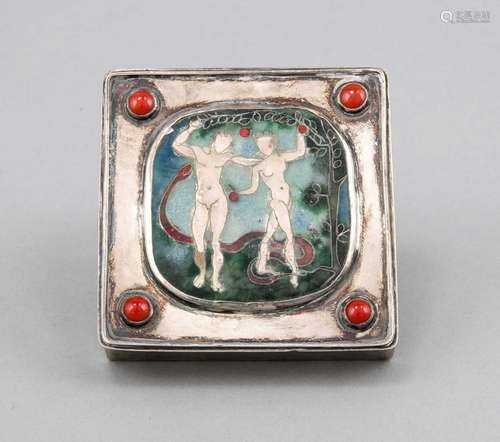 Square lidded box, 20th century, silver 800/000, cover with polychrome deco