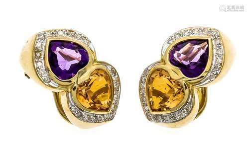 Amethyst citrine ear clips GG 585/000 each with a heart cut fac. Amethyst a