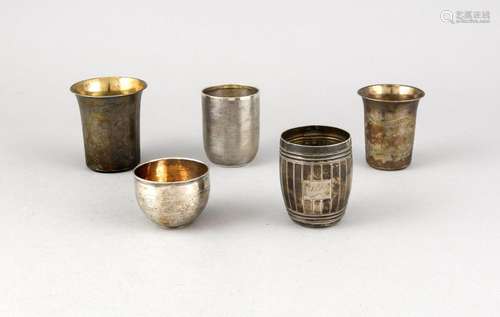 Five beakers, 19th/20th century, different manufacturers, silver different