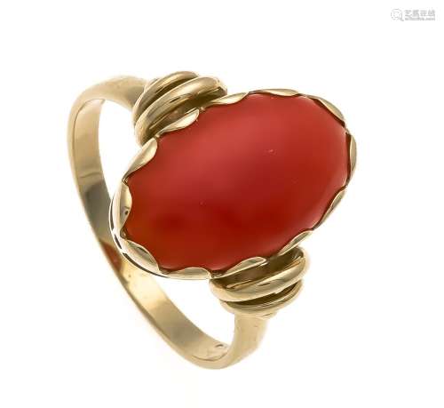 Coral ring GG 585/000 with a coral cabochon 17.5 x 11 mm, in a very good co