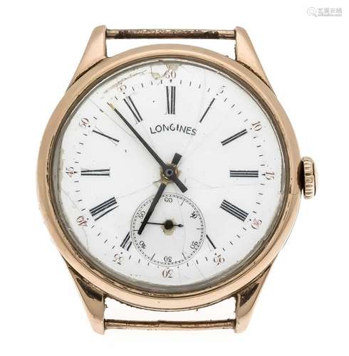 Longines Herrenarmbanduhr Rotgoldhaube, Handaufzug läuft, weißes Emaille-Zi