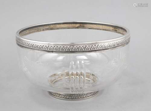 Round glass bowl with silver edge mounting, around 1900, silver marked uncl