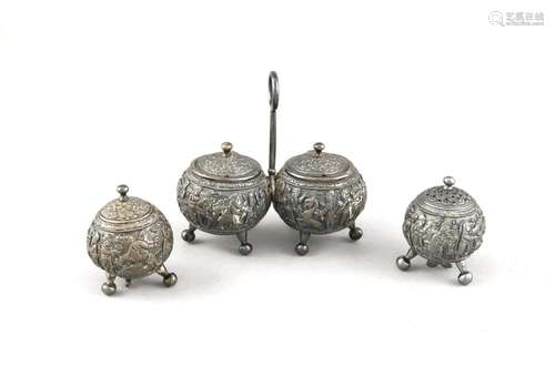 Three pieces spice set, presumably India, 20th cent., ball shape on 3 feet,