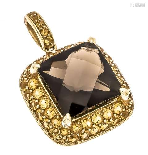 Smoky Quartz Citrine Pendant GG 585/000 with a fac. Smoky quartz 11.5 mm an