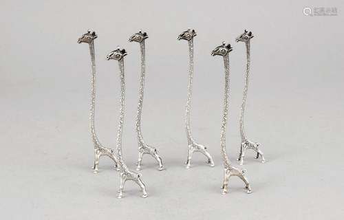 Six Knife Rests (?), 20th century, silver tested, in the form of giraffes,