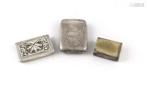 Two cases and a matchbox, early 20th century, 1 silver, 1 plated, 1 brass,