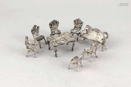 Eight pieces miniature rococo seating group, German, 20th cent., silver 800