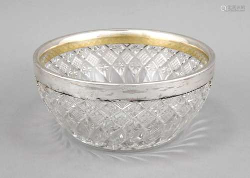 Round crystal bowl with silver rim mounting, German, around 1900, marked J.