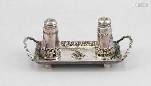 Salt and pepper cellar on a tray, Israel, 20th cent., Sterling silver 925/0