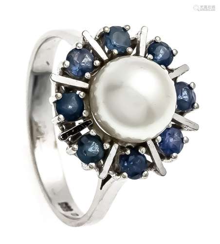 Akoya sapphire ring WG 585/000 with a white Akoya pearl 8,5 mm and 8 round