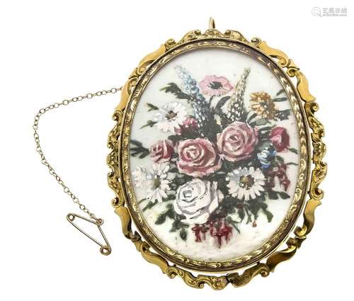 Brooch / pendant gold around 1900 with an oval porcelain painting, floral m