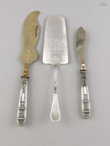 Three pieces serving cutlery, around 1900, silver 800/000, 2x with filled h