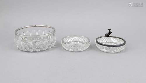 Three round bowls with silver edge mounting, German, 20th cent., hallmarked