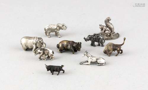 Nine miniature animals, 20th century, brass, silver and plated, elephant, h