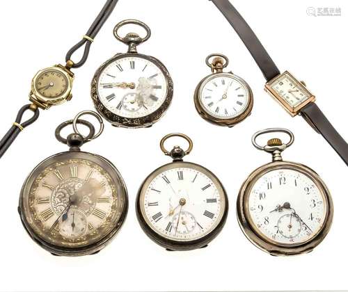 Convolute 5 pocket watches silver 800/000 with white enamel dials, 1 x with