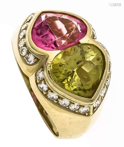 Tourmaline-Peridot-brilliant-Ring GG 585/000, each with one heart-cut fac.