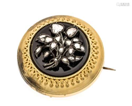 Onyx Diamond Rose Brooch, around 1840, GG 585/000 unstamped, tested, with a