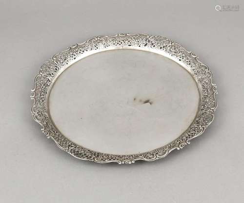 Round tray, 20th cent., silver 835/000, open worked rim with floral relief