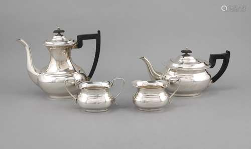 Four-piece coffee and tea set, England, 20th century, plated, oval base, bu