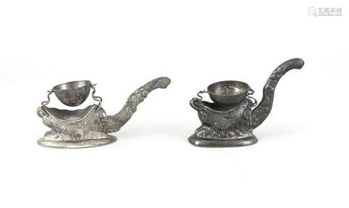 Two tea strainers, Vietnam, 20th century, silver 900/000, bowl with oval ba