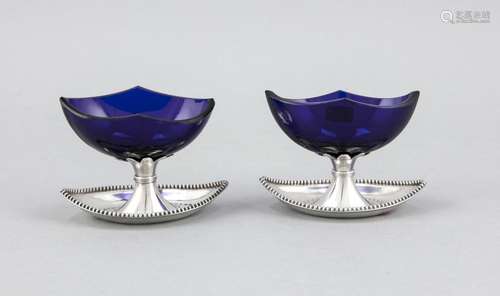 Pair of salt cellars, 20th cent., marked silver, boat shape, rim with pearl