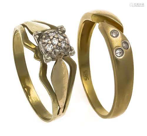 2 diamond rings GG 585/000 with 10 diamonds, total 0.05 ct W / SI-PI, RG 59