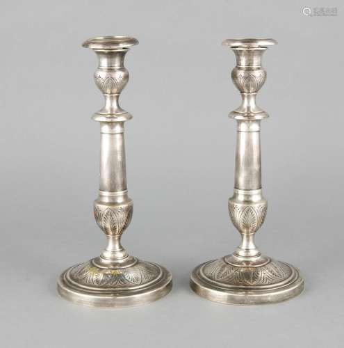 Pair of candlesticks, around 1900, plated, round vaulted stand, column shaf