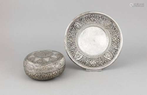 Round bowl and lidded box, Asia, 20th cent., Presumably low alloyed silver,