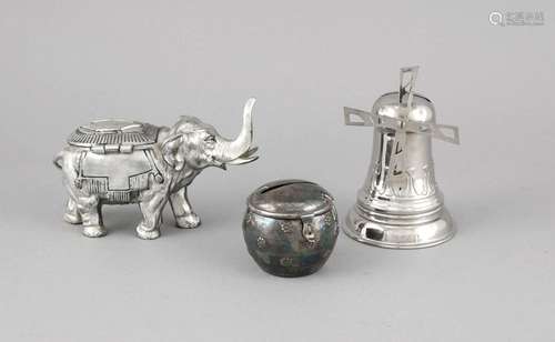 Three metal money boxes, 20th cent., partly plated, 1 round lidded box, 1 i