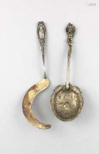 Two pieces serving cutlery, around 1900, silver 800/000 and plated, ladle,