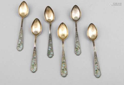 Six teaspoons, Russia/Soviet Union, silver 875/000, handle with enameled fl